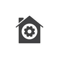 Gear wheel in house icon vector, filled flat sign, solid pictogram isolated on white. Home working system symbol, logo illustration