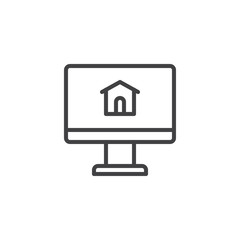 Computer monitor with house line icon, outline vector sign, linear style pictogram isolated on white. Real estate website symbol, logo illustration. Editable stroke