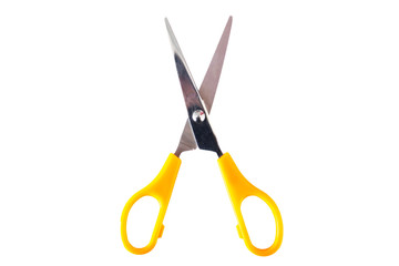 Basic scissors with orange plastic handle isolated on white background.