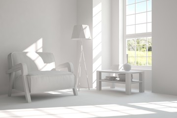Idea of white room with armchair and summer landscape in window. Scandinavian interior design. 3D illustration