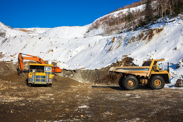 Excavator loading dump truck