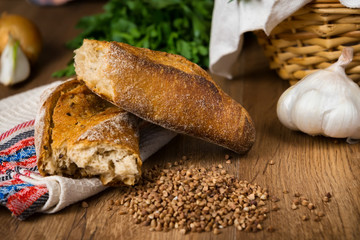 Fresh bread, buckwheat bread, garlic bread, French baguette