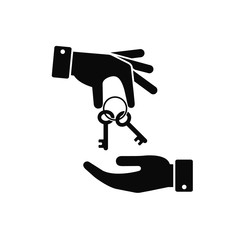 Hand giving key to other hand icon. Real estate, car sale, rent apartments or house concept. Vector flat illustration