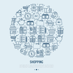 Shopping concept in circle with thin line icons: cashbox, payment, pos terminal, piggy bank, sale, currency, credit card, trolley. Vector illustration for banner, print media.