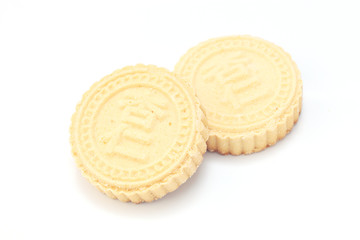 Almond cookies isolated on white background, Chinese words on the almond cookie is 'almond', not a logo or trademark. 