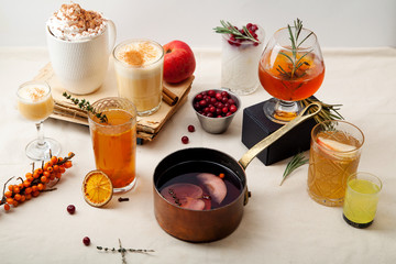 Set of various winter cocktails: mulled wine, eggnog, limoncello, old-fashioned, coconut margarita. White linen background.