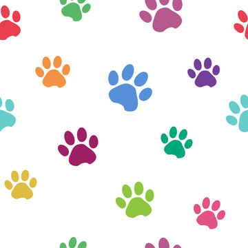 Seamless pattern with colorful silhouette animal paw track on white background. Vector illustration