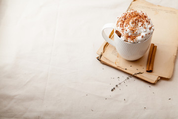 Cup of cocoa with cinnamon, whipped cream and chocolate. Textile background. Scandinavian winter concept. Horizontal composition with copy space.