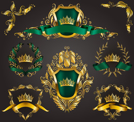 Set of golden royal shields with floral elements, ribbons, laurel wreaths for page, web design. Old frame, border, crown in vintage style for monograms, label, emblem, badge, logo. Illustration EPS10
