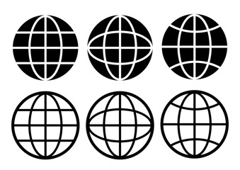 Black and white globe earth icons set. Different design. Vector illustration