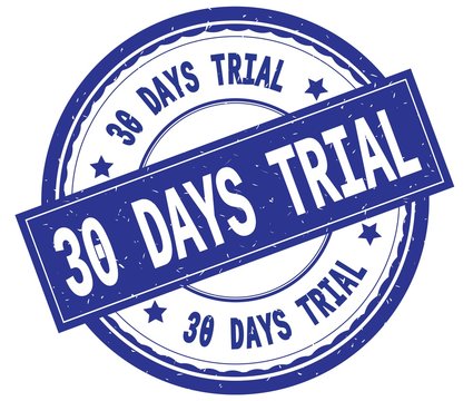 30 DAYS TRIAL , written text on blue round rubber stamp.