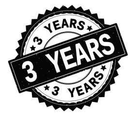 3 YEARS black text round stamp, with zig zag border.