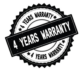 4 YEARS WARRANTY black text round stamp, with zig zag border.