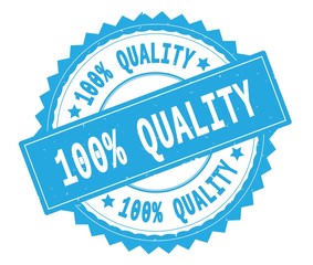 100 PERCENT QUALITY blue text round stamp, with zig zag border.