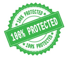 100 PERCENT PROTECTED green text round stamp, with zig zag borde
