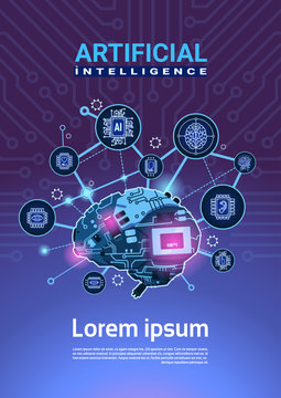 Artificial Intelligence Banner With Cyber Brain Cog Wheel And Gears Over Motherboard Vertical Background With Copy Space Flat Vector Illustration