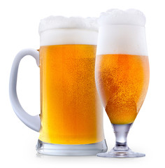 Mug of frosty light beer with foam isolated on a white background