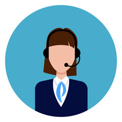 Call Service Support Female Worker Icon Round Blue Background Flat Vector Illustration