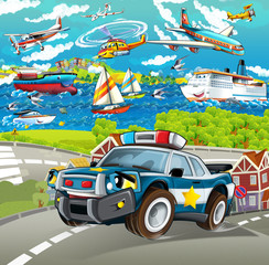 cartoon scene with police car driving through the city - planes and ships in the background - illustration for children  