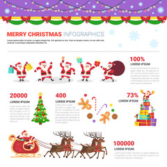Fototapeta premium Merry Christmas Infographics Set With Santa, Pine Tree, Reindeers Holiday Elements Decoration Vector Illustration