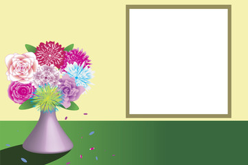 beautiful bouquet of colored flowers on the table template with space for text. Vector illustration. Clipart.Greeting card, invitation.