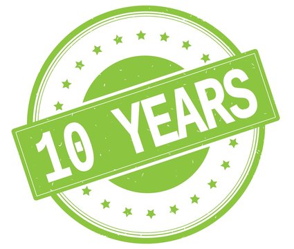 10 YEARS text, on green round stamp.