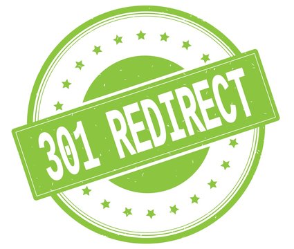301 REDIRECT text, on green round stamp.