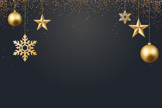 vector illustration of christmas 2017 background with christmas ball star snowflake confetti gold and black colors