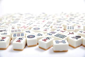 Mahjong pieces on white background - obrazy, fototapety, plakaty