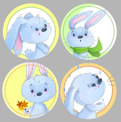 Set of round clipart with cute baby rabbits, baby animals, autumn theme, leafs, scarf for baby clothing, stickers, games.