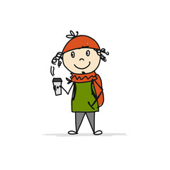 Boy with coffee cup, sketch for your design