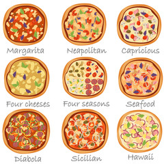 Set of different pizza color flat icons on white background