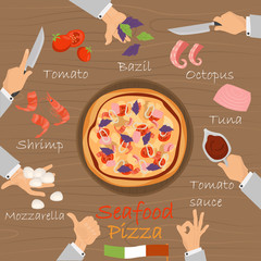 Seafood recipe pizza constructor on broun wood background