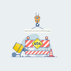 Error 404 page with road construction signs.Page is lost and not found message. Template for web page with 404 error. Modern line design.
