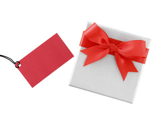 luxury grey gift box with red ribbon bow and greeting card isolated on white
