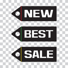 White inscriptions NEW, BEST, SALE. Black and white price tag icon on transparent background. Vector illustration