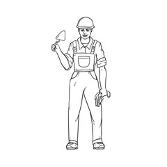 Male builder in overalls, hard hat, trowel and gloves in his hands. Worker in construction. People of professions. Vector black sketch of realistic illustration.