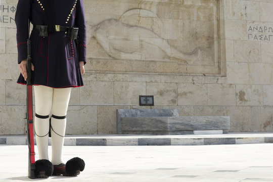 Greek traditional soldier  front of the tomb of the Unknown Soldier in Athens, Greece.
