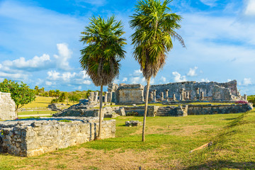 Fototapeta na wymiar Temple ruins in Tulum of the Ancient Maya Archeological Site in Yucatan, Riviera Maya, Mexico