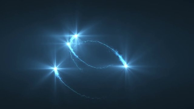 lightning blue ball of light flying in loop animation. Shining lights in motion with small particles. Ring of electricity, Plasma ring on a dark background.
