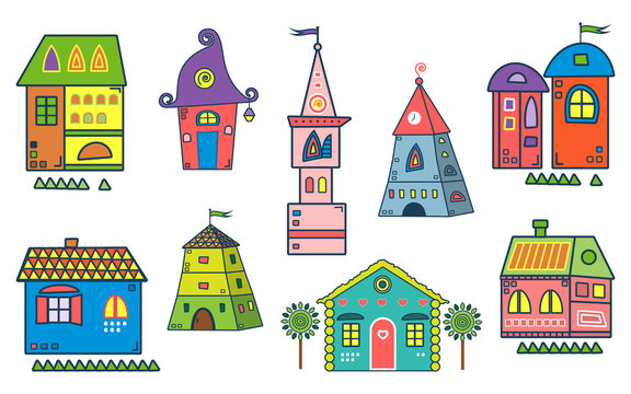 Set of the stylized houses. Ten fantastic lodges, fabulous pictures for children. It can be used for websites, children's magazines and advertisment. Vector illustration.