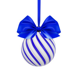 Vector christmas blue ball with blue bow and ribbon. Twisted christmas tree ball on white background