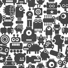 Seamless pattern with techno monsters and robots.