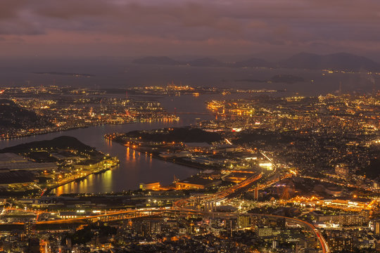 Kitakyushu Night View from Mt. Sarakura (Sarakurayama) in Kitakyushu City, Fukuoka, Japan. New Three Major Night Views of Japan - Ten Million Dollar Night View.