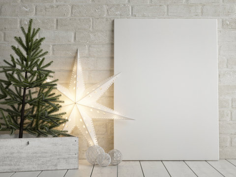 Mock up poster, Christmas tree and light star decoration, 3d render, 3d illustration