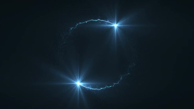 lightning blue ball of light flying in loop animation. Shining lights in motion with small particles. Ring of electricity, Plasma ring on a dark background.