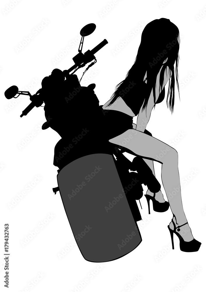 Fototapete Motorcycl and baeuty women on white background