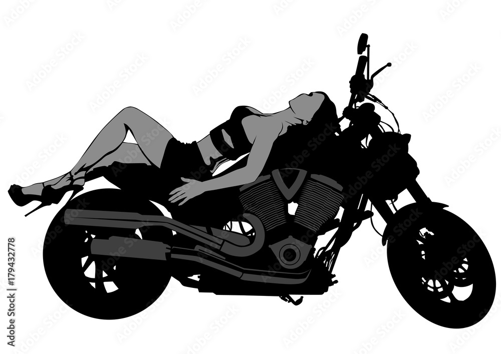 Fototapete Motorcycl and baeuty women on white background