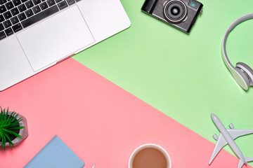 Different objects for traveling on color background. Top view.