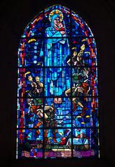 Memory to paratrooper who landed on church of Sainte-Mère-Église on D-Day in Stained glass in...